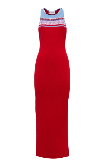 Des_phemmes Embroidered Knit Maxi Dress In Red