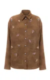 Des_phemmes Faux Suede Workwear Shirt Jacket With Floral Embroidery In Tan