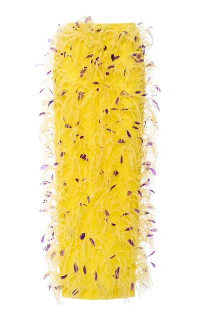 Des_phemmes Feather-embellished Maxi Tube Skirt In Yellow