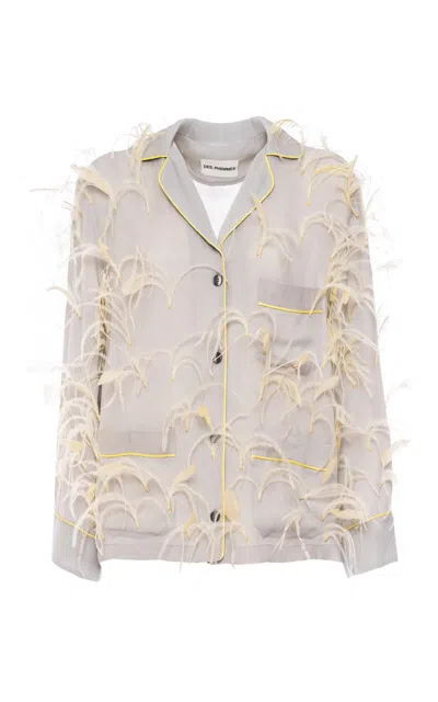 Des_phemmes Feather-embellished Pajama Shirt In Brown