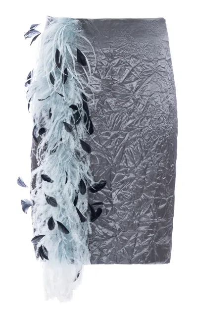 Des_phemmes Feather-trimmed Slit Suit Skirt In Gray