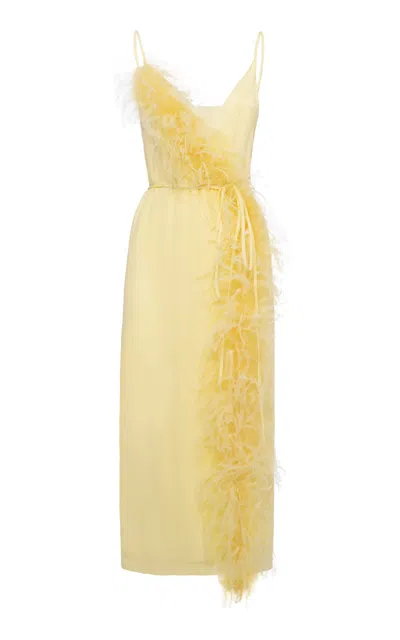 Des_phemmes Feathered Crepe Midi Dress In Yellow