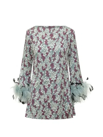 Des_phemmes Feather-trim Printed Mini Dress In Multi