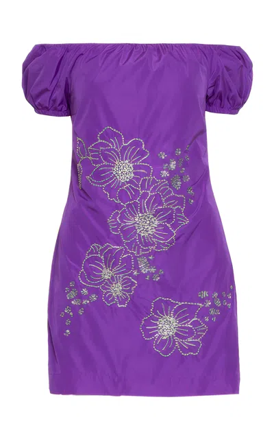 Des_phemmes Floral-embellished Off-the-shoulder Mini Dress In Purple