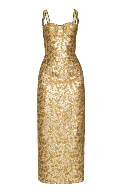 Des_phemmes Floral Jacquard Bustier Midi Dress In Gold