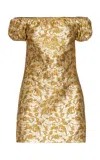 Des_phemmes Floral Jacquard Off-the-shoulder Mini Dress In Gold
