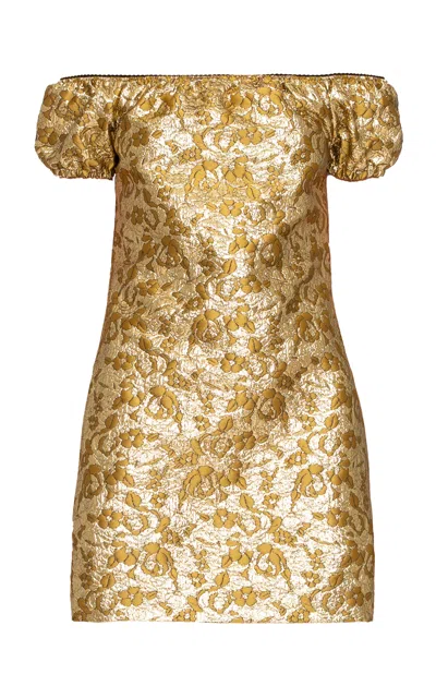 Des_phemmes Floral Jacquard Off-the-shoulder Mini Dress In Gold