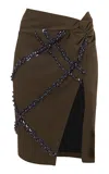 Des_phemmes Fresco Wool Sarong Skirt With Net Embroidery In Olive