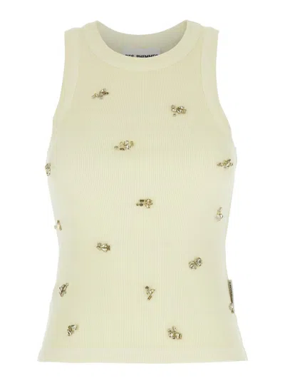 DES_PHEMMES GREEN TOP WITH CRYSTALS DECORATIONS ON THE FRONT