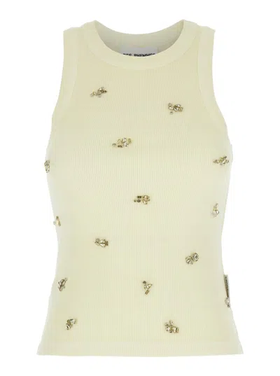 Des_phemmes Green Top With Crystals Decorations On The Front In Cotton Woman In Neutral