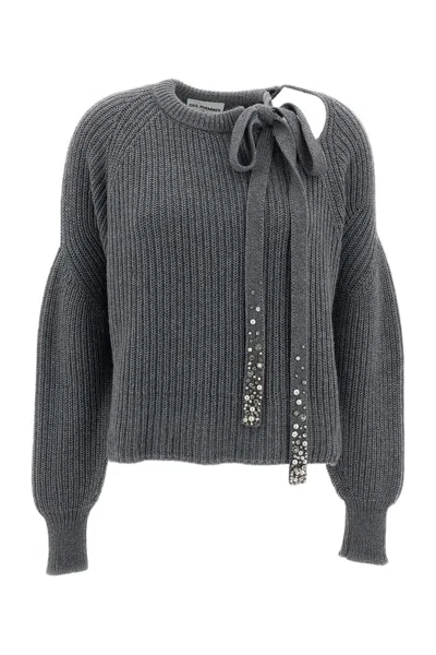 Des_phemmes Grey Cropped Tie Detail Wool-cashmere Sweater In Gray