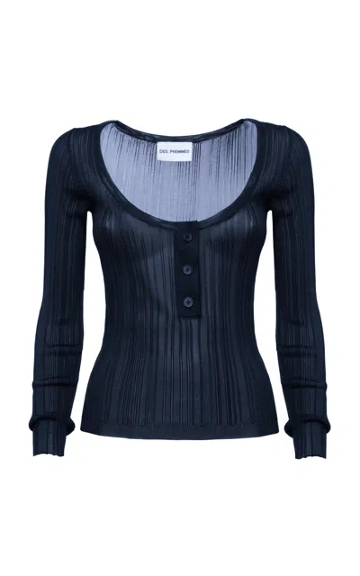 Des_phemmes Henley Ribbed Knit Top In Blue