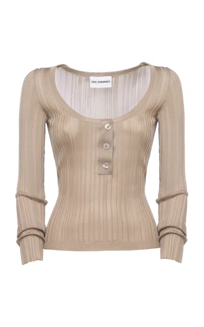 Des_phemmes Henley Ribbed Knit Top In Neutral