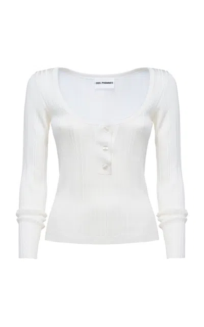 Des_phemmes Henley Ribbed Knit Top In White