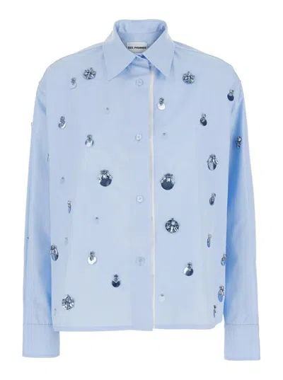 DES_PHEMMES LIGHT BLUE SHIRT WITH CLASSIC COLLAR AND EMBELLISHMENTS ON THE FRONT
