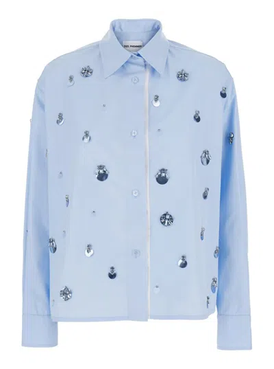 DES_PHEMMES LIGHT BLUE SHIRT WITH CLASSIC COLLAR AND EMBELLISHMENTS ON THE FRONT IN COTTON WOMAN