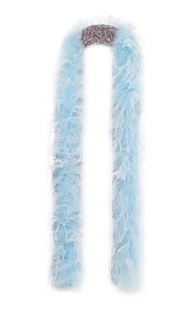 Des_phemmes Mouline Wool Scarf With Ostrich Feathers Trim In Light Blue