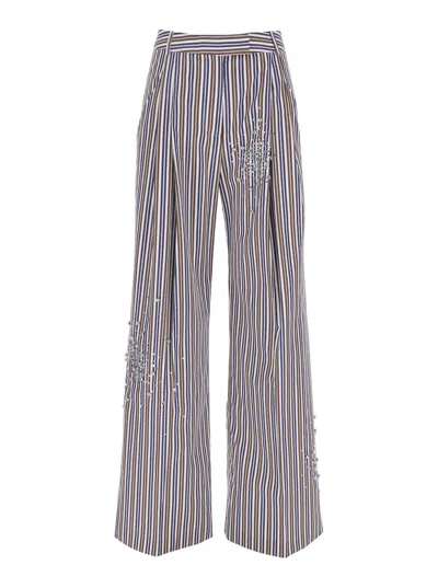Des_phemmes Multicolor Pants With Faux-pearl Embellishments And All-over Striped Motif In Cotton Woman In Blue