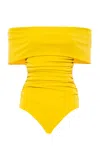 Des_phemmes Off-the-shoulder Ruched Bodysuit In Yellow