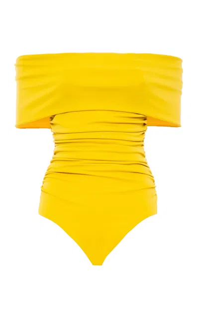 Des_phemmes Off-the-shoulder Ruched Bodysuit In Yellow