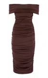 Des_phemmes Off-the-shoulder Ruched Midi Dress In Brown