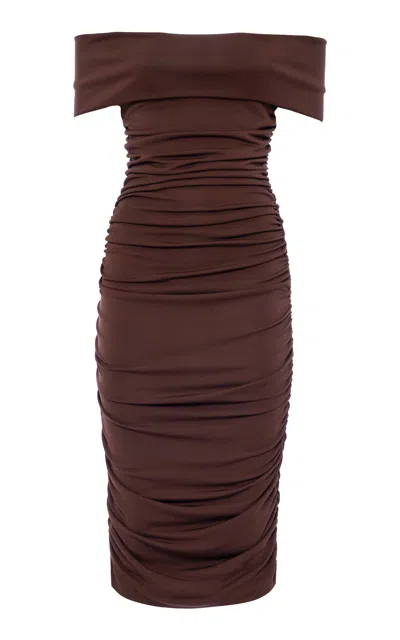 Des_phemmes Off-the-shoulder Ruched Midi Dress In Brown
