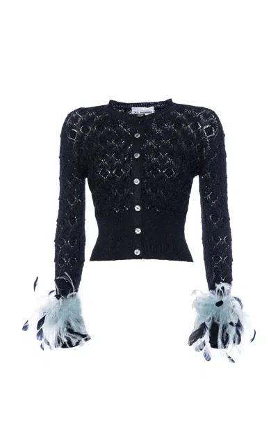 Des_phemmes Openwork Feather-cuff Cropped Cardigan In Black