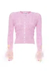 Des_phemmes Openwork Feather-cuff Cropped Cardigan In Pink