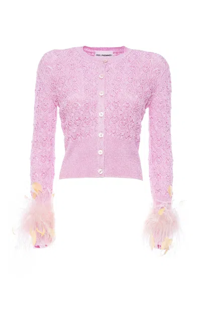 Des_phemmes Openwork Feather-cuff Cropped Cardigan In Pink