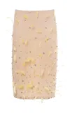 Des_phemmes Pencil Skirt With Crystals And Feathers Embroidery In Nude