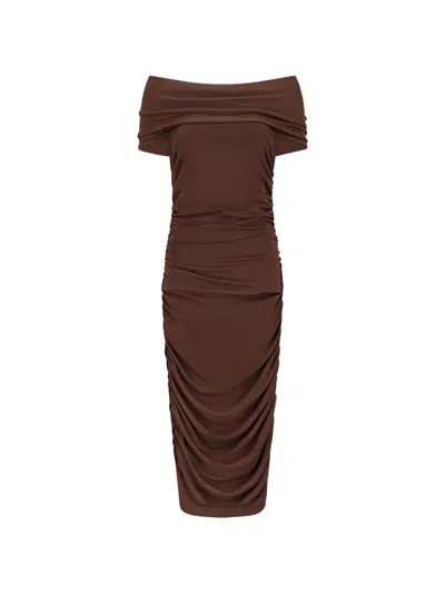Des_phemmes Ruched Off-shoulder Midi Dress In Brown