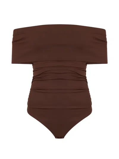 Des_phemmes Ruched Off-the-shoulder Bodysuit In Brown