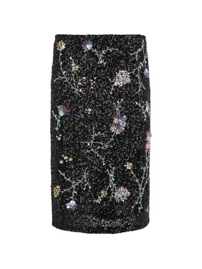 Des_phemmes Sequin-embellished Floral-embroidered Straight Midi Skirt In Black