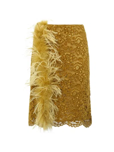Des_phemmes Slit Feather-trim Lace Midi Skirt In Yellow