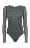 Des_phemmes Tulle Bodysuit With Crystals And Pearls In Dark Grey
