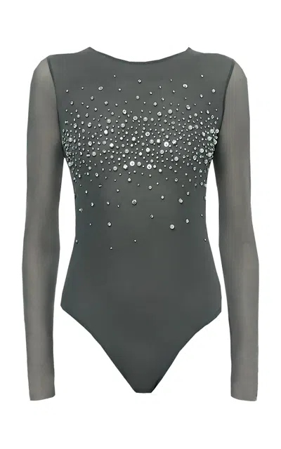 Des_phemmes Tulle Bodysuit With Crystals And Pearls In Dark Grey