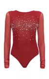 Des_phemmes Tulle Bodysuit With Crystals And Pearls In Red