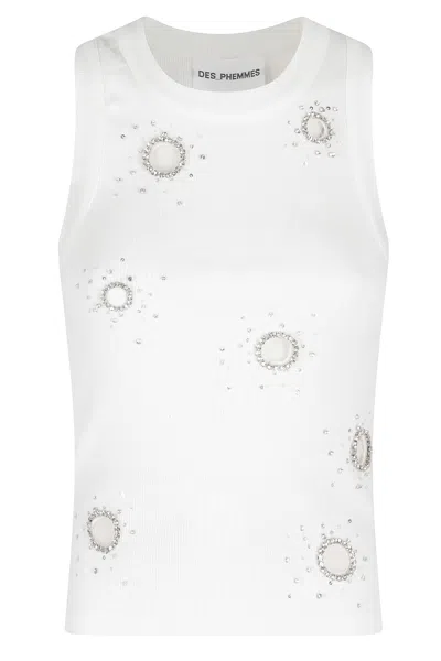 Des_phemmes White Classic Tank All-over Rhinestone Cotton Tank Top