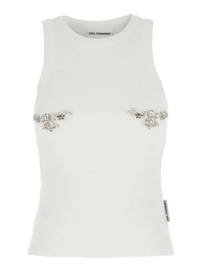 Des_phemmes White Top With Crystals Decorations On The Front In Cotton Woman