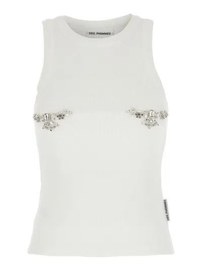 DES_PHEMMES WHITE TOP WITH CRYSTALS DECORATIONS ON THE FRONT IN COTTON WOMAN