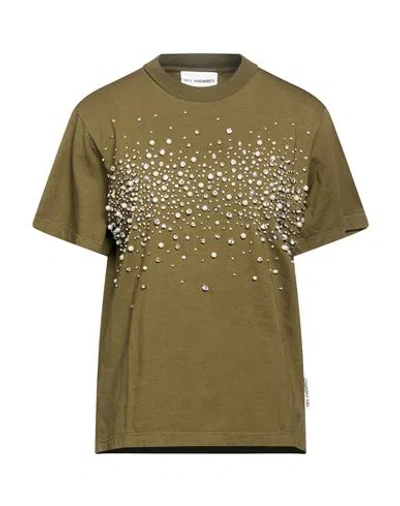 Des_phemmes Woman T-shirt Military Green Size 4 Cotton, Glass, Metal, Polyester