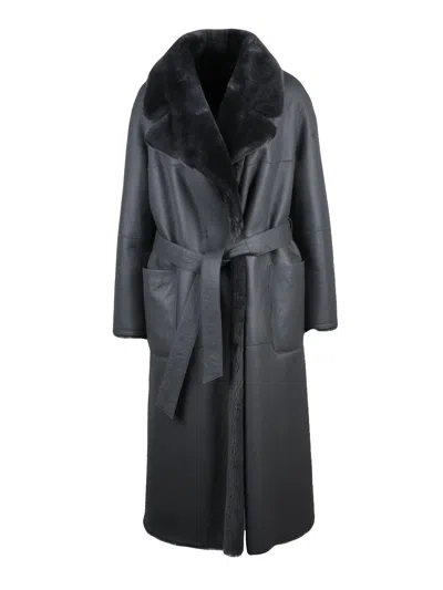 Desa 1972 Grey Plush Fur Lined Leather Trench Coat In Gray
