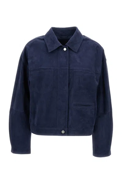 Desa 1972 Olive Blue Leather Suede Jacket In Animal Print