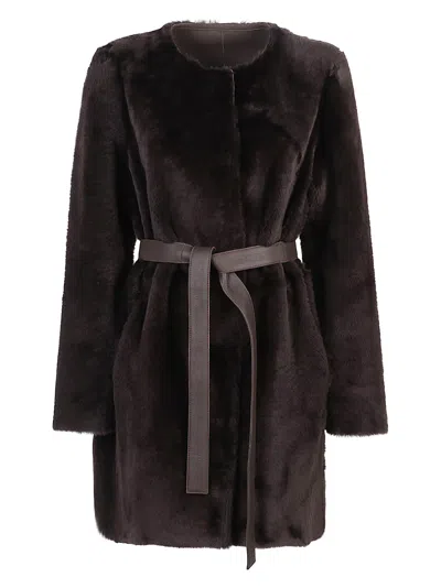 Desa 1972 Reversible Round Neck Shearling Caban In Brown