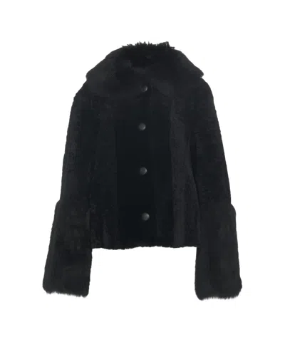 Desa 1972 Sheepskin Coat With Plush Fur Collar And Cuffed Sleeves In Black