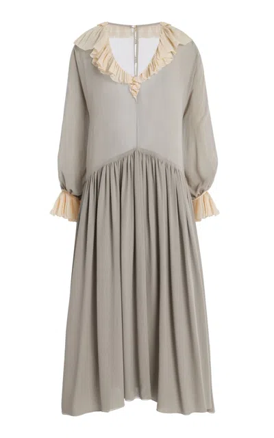 Desert Vintage 1970's Chloe By Karl Lagerfeld Ruffled Silk Chiffon Midi Dress In Light Grey