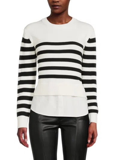 Design 365 Women's 2-layer Stripe Crewneck Sweater In White Black