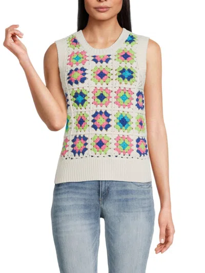 Design 365 Women's Chunky Rib Knit Crochet Sweater Vest In White Combo