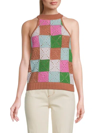 Design 365 Women's Crochet Knit Tank Top In Tawny Combo