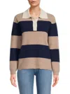 Design 365 Women's Long Sleeve Rugby Stripe Cashmere Sweater Polo In Toast Combo